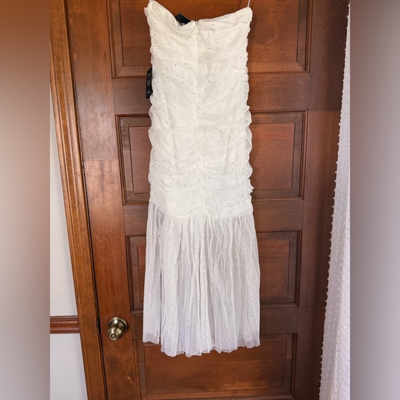 Lulus Sparkling Babe White Mesh Rhinestone Ruched Strapless Midi Dress - Picture 7 of 8